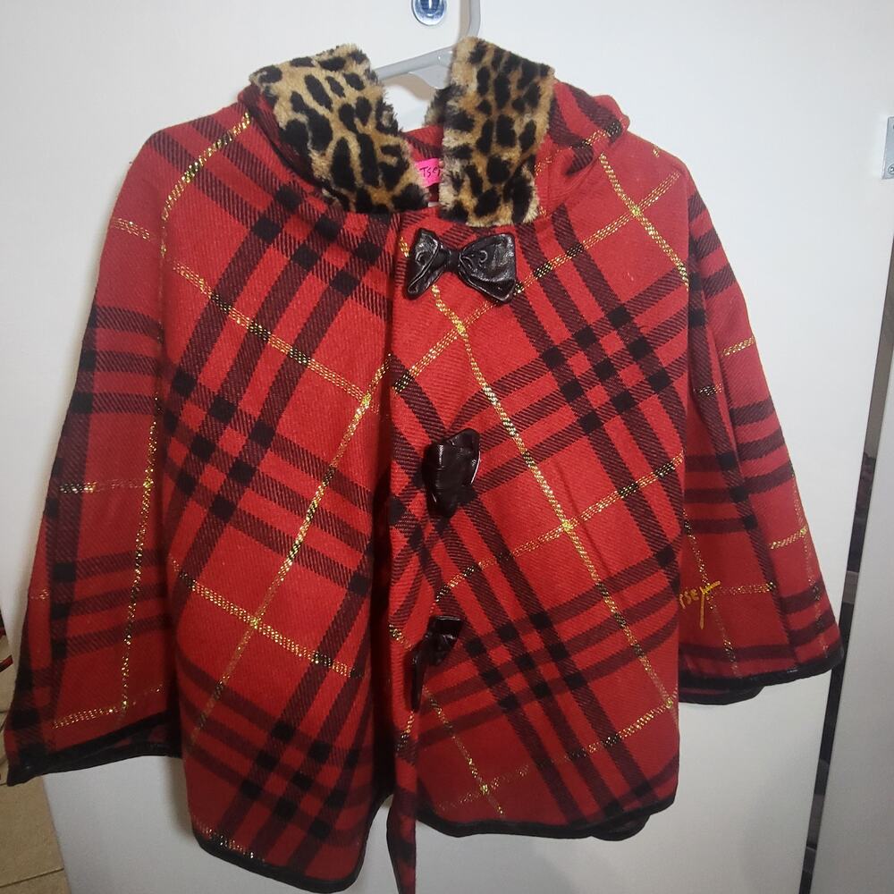 BETSY JOHNSON size 6 girl hooded plaid cape